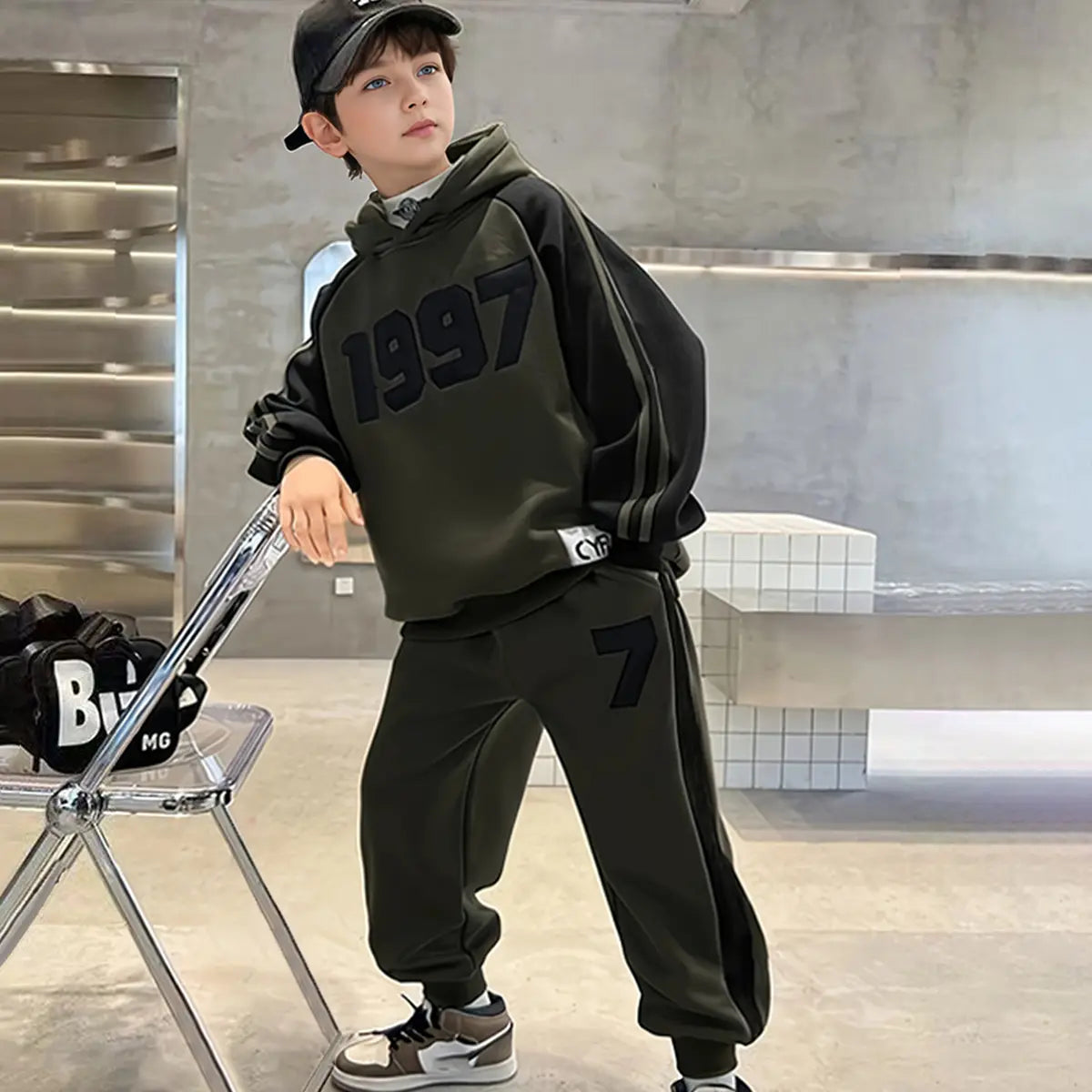 Boys Army Green Numeric Printed Oversized Hooded Sweatshirt With Jogger Co-ord Sets Sets