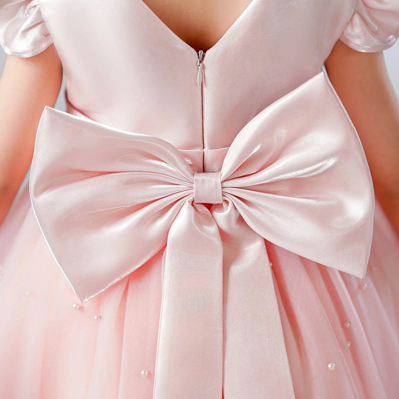 Girls Light Pink Pearl-Embellished Flutter Sleeve Fit & Flare Dress Casual Dresses