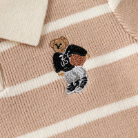 Boys Light Brown Polo Collar Sweatshirt With Self Design Stripe Patterns Sweaters & Cardigans