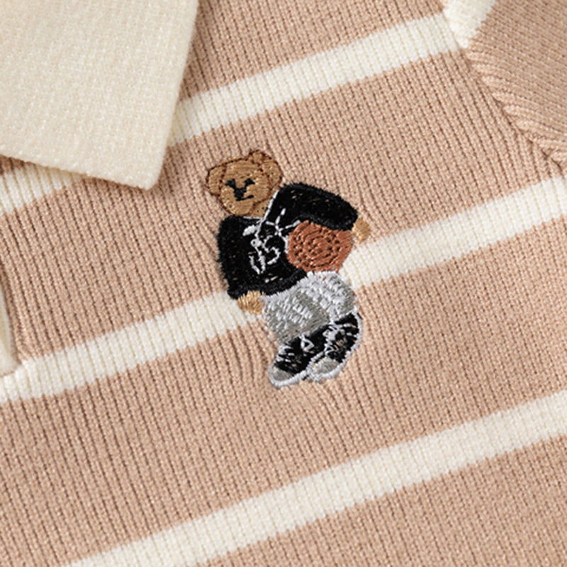 Boys Light Brown Polo Collar Sweatshirt With Self Design Stripe Patterns Sweaters & Cardigans
