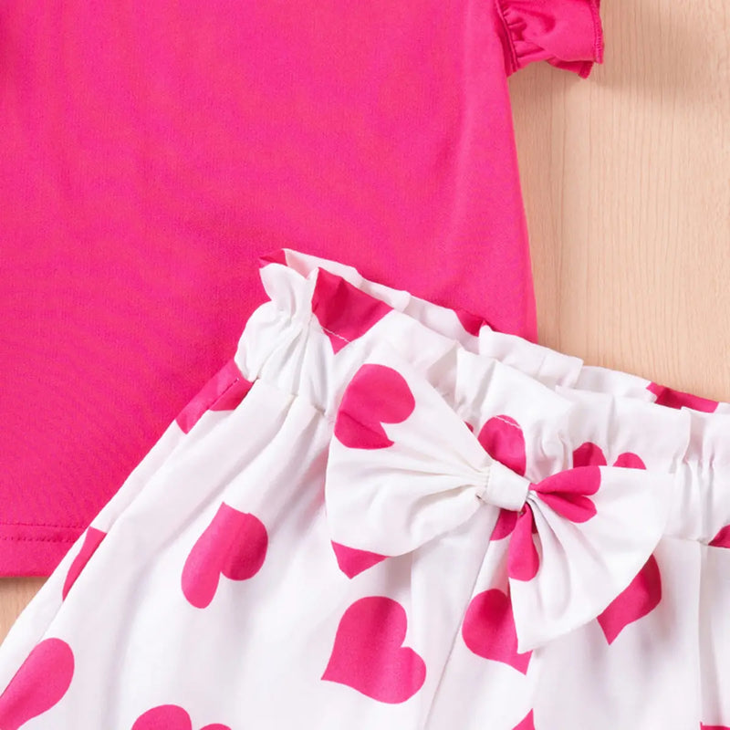 Girls Fuchsia Solid Sleeveless Top With Heart Print Shorts Set Sets