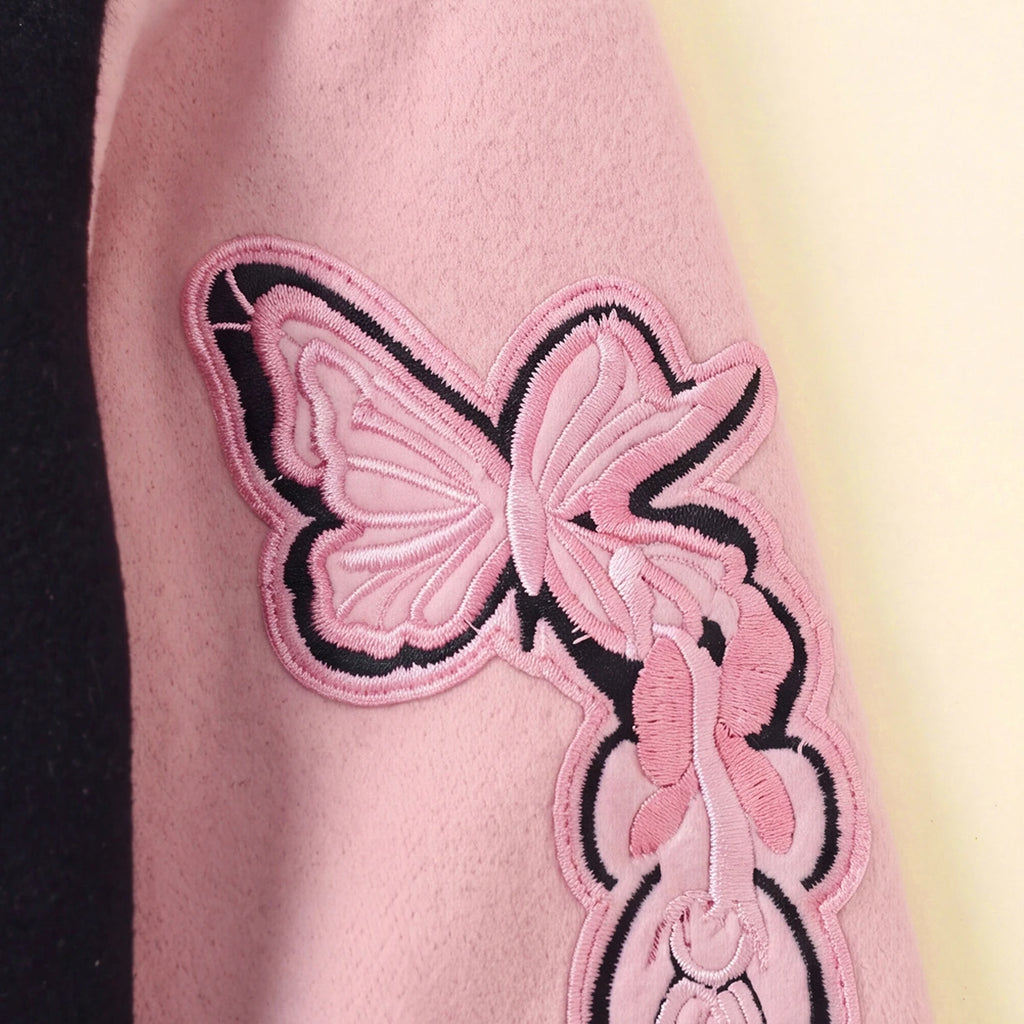 Girls Pink Alphanumeric Printed Varsity Jacket With Pleated Skirt Sets 2 pc. Sets