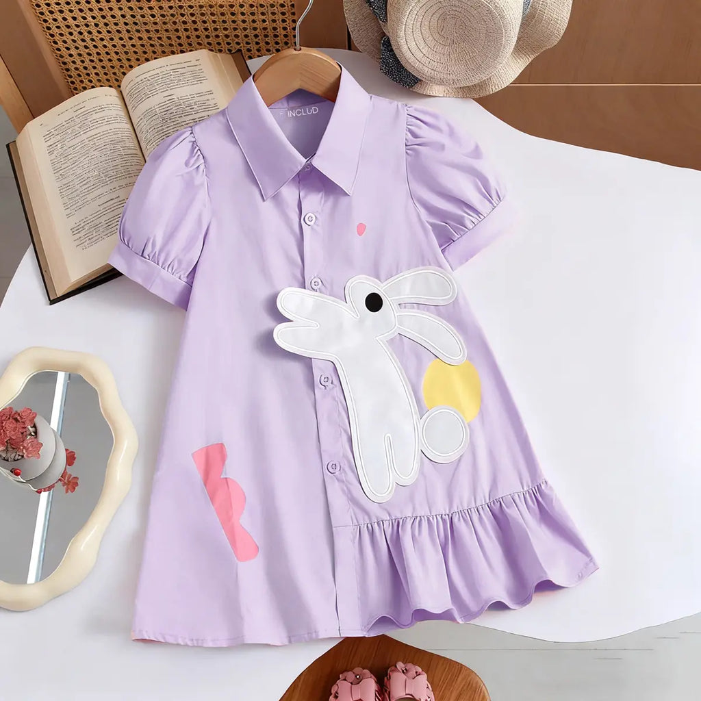 Girls Purple Bunny Applique Short Sleeve Shirt Dress Casual Dresses Purple 1-2 Y