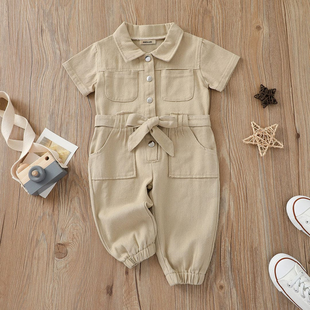 Girls Khaki Solid Twill Jumpsuit