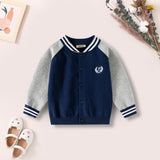 Boys Navy Blue Long Sleeve Cardigan With Sleeve cuff And Neck Stripes