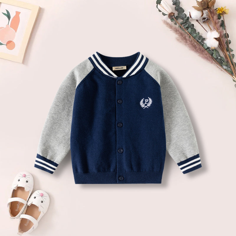 Boys Navy Blue Long Sleeve Cardigan With Sleeve cuff And Neck Stripes Sweaters & Cardigans Navy Blue 2-3 Y