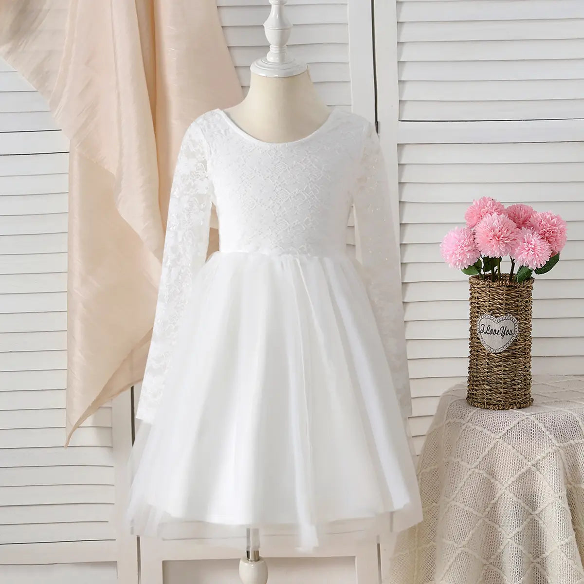 Girls White Long Sleeves Fit & Flare Party Dress With Lace & Tulle Overlay Party Dresses White 5-6 Y