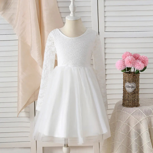 Girls White Long Sleeves Fit & Flare Party Dress With Lace & Tulle Overlay Party Dresses White 5-6 Y
