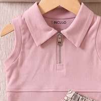 Girls Pink Sleeveless Polo Top With Floral Print Skirt Sets 2 pc. Sets