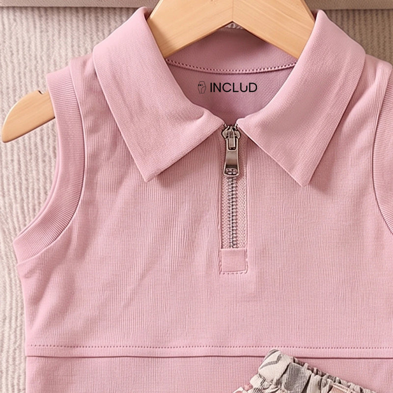 Girls Pink Sleeveless Polo Top With Floral Print Skirt Sets 2 pc. Sets