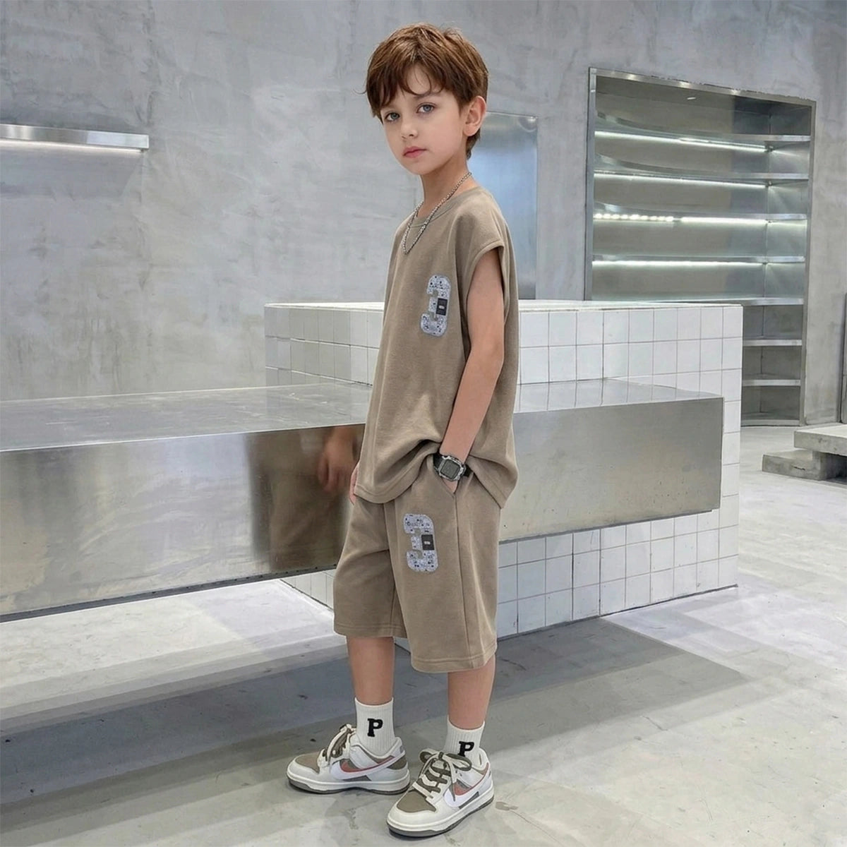 Boys Brown Typographic Printed Sleeveless T-Shirt With Elasticated Shorts Sets Sets