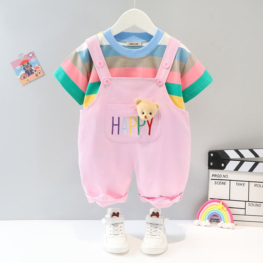 Boys Pink Multi Color Stripe T-Shirt With Dungaree Set 2 pc. Sets Pink 1-2 Y 