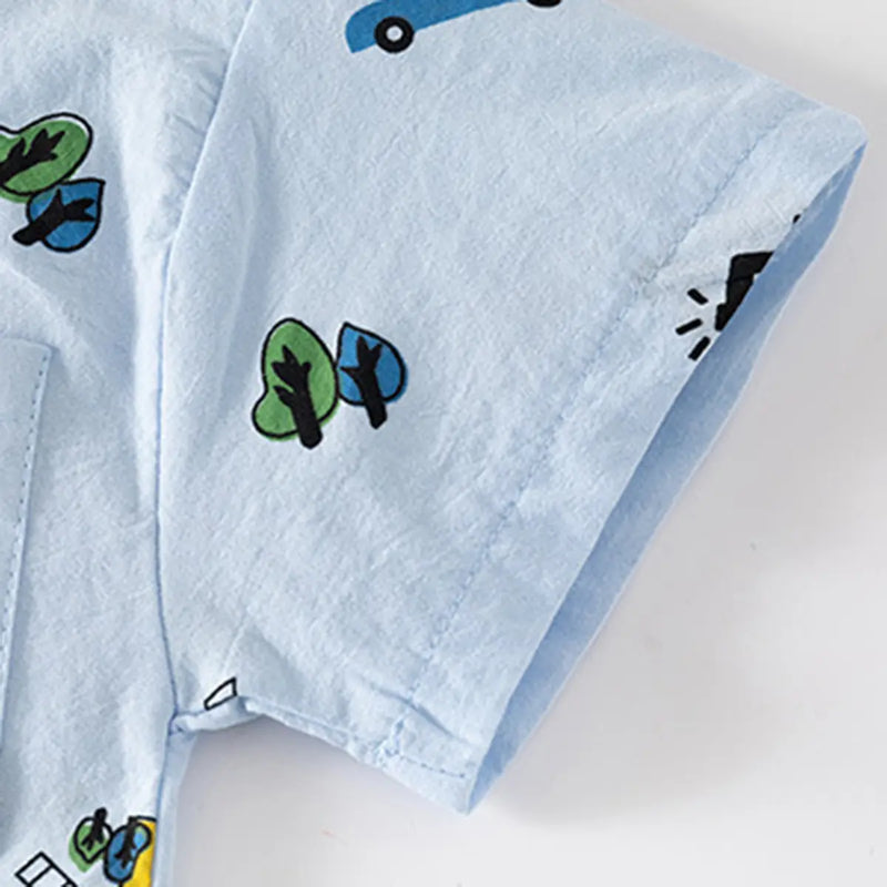 Boys Sky Blue Printed Short Sleeves Shirt Shirts