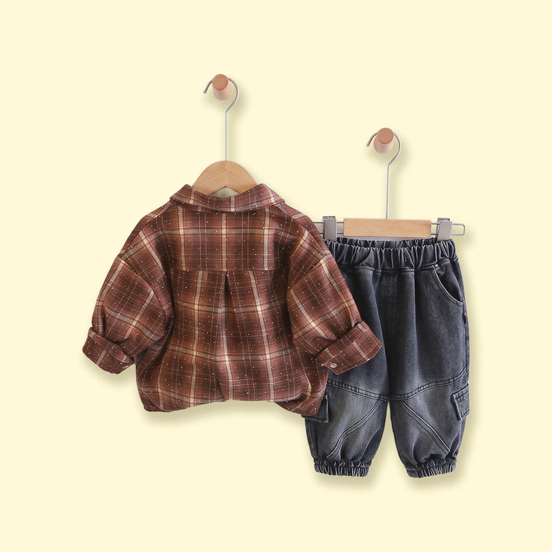 Boys Brown Checked Shirt With T-Shirt And Denim Pants Sets 3 pc. Sets