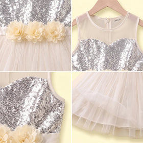 Girls Off White Embellished Sequined Fit & Flare Party Dress Party Dresses
