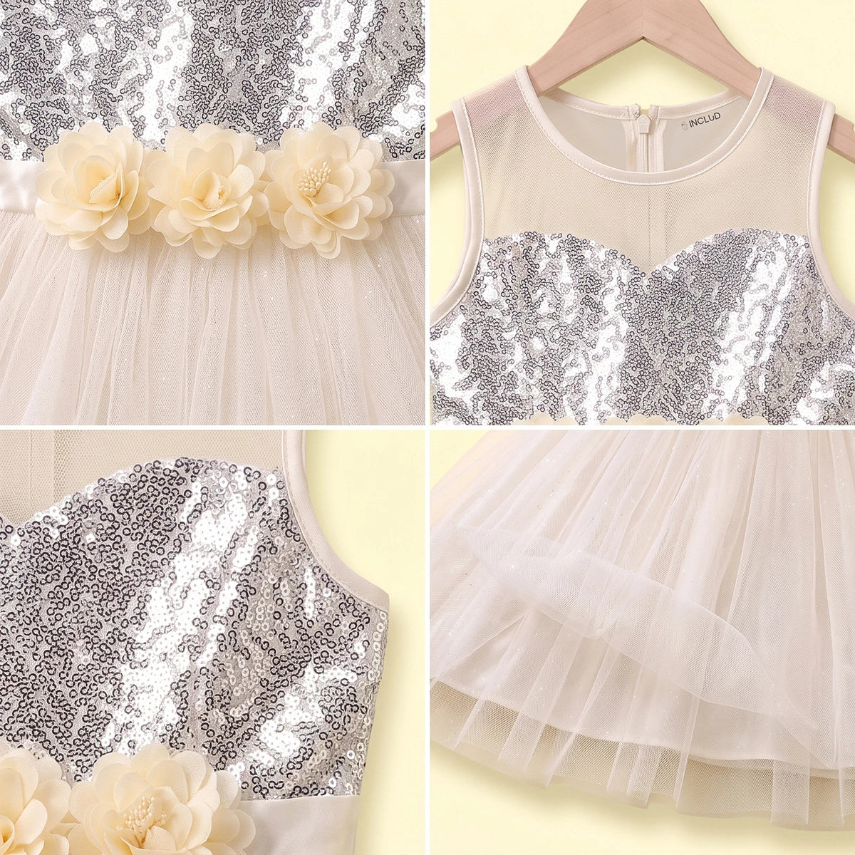 Girls Off White Embellished Sequined Fit & Flare Party Dress Party Dresses