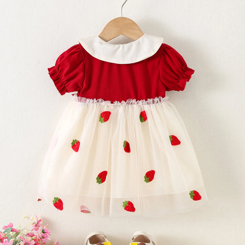 Girls Red Strawberry Embroidered Fit & Flare Dress Casual Dresses