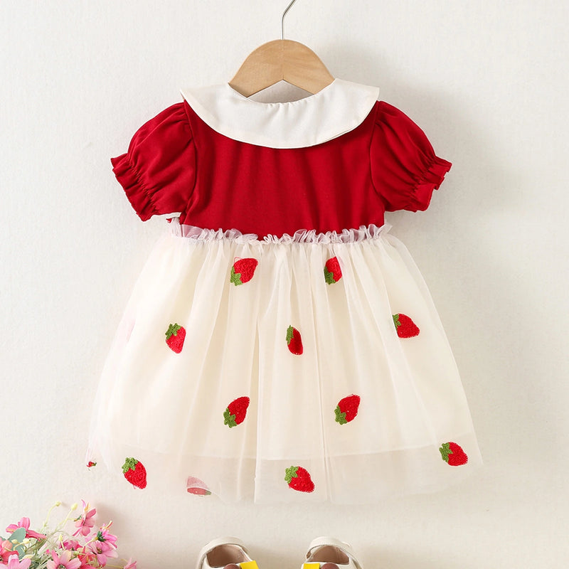 Girls Red Strawberry Embroidered Fit & Flare Dress Casual Dresses
