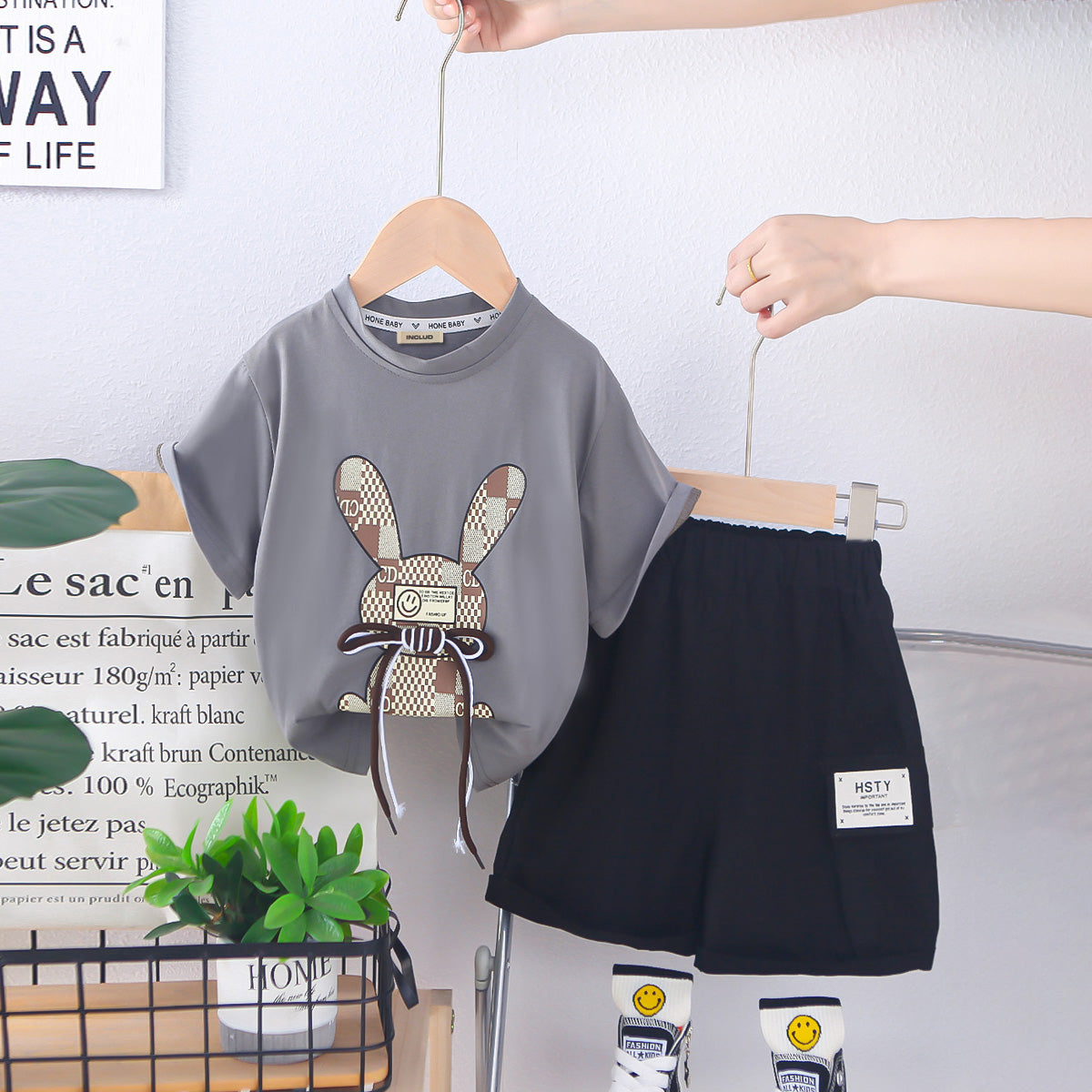 Boys Grey Tie-Up Applique Bunny Printed T-Shirt With Shorts Set 2 pc. Sets Grey 1-2 Y