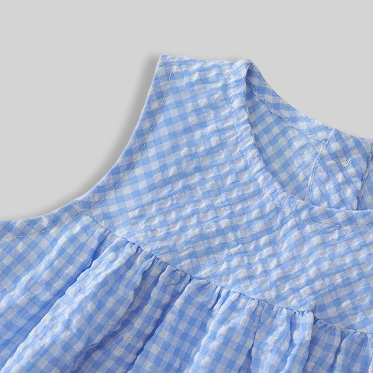 Girls Blue Gingham Checked Sleeveless Fit & Flare Dress With Duck Applique Casual Dresses