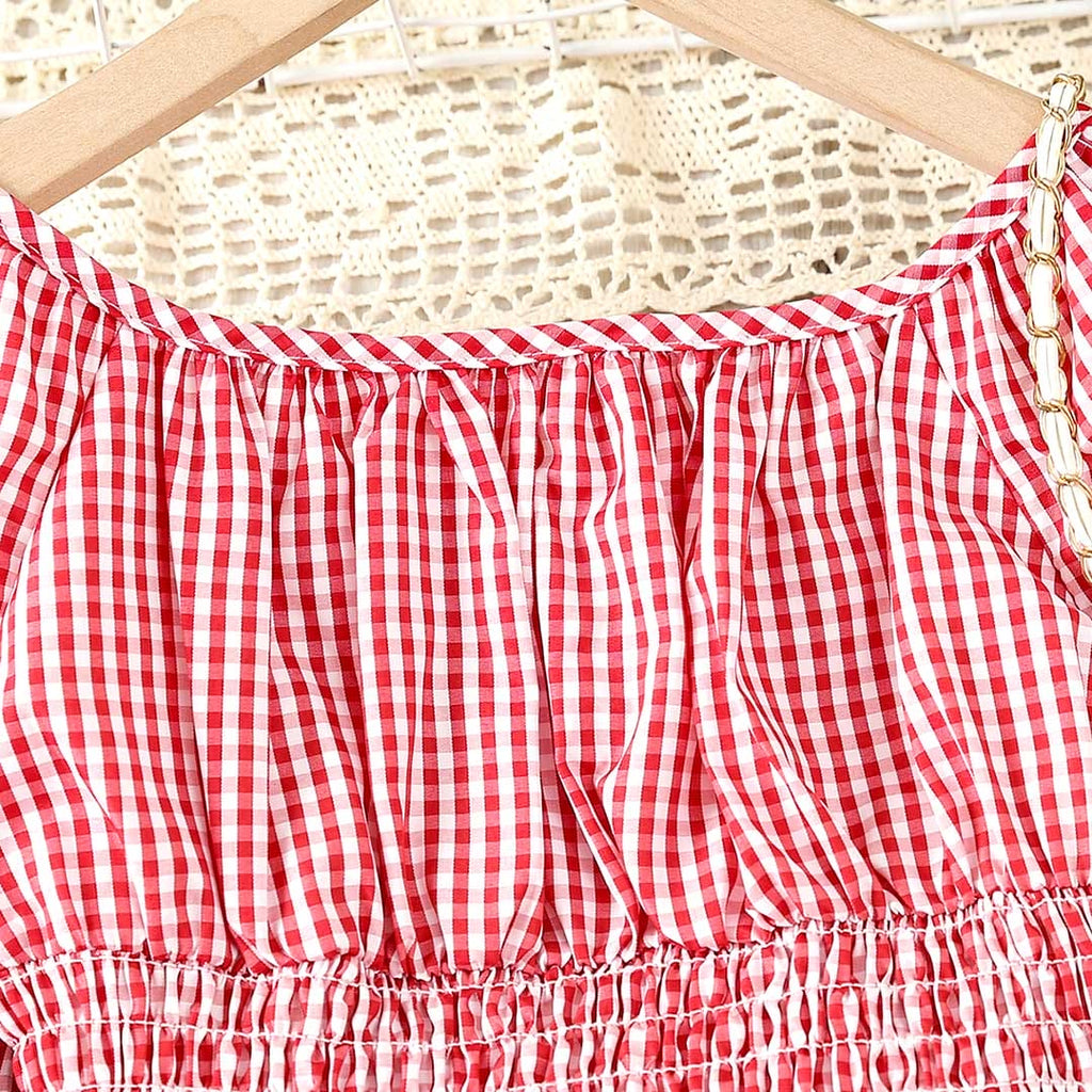 Girls Gingham Check Crop Top With Skirt Set Sets   