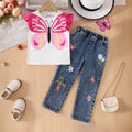 Girls White Butterfly Themed Top With Floral Embroidered Denim Pants Set Sets White 3-4 Y