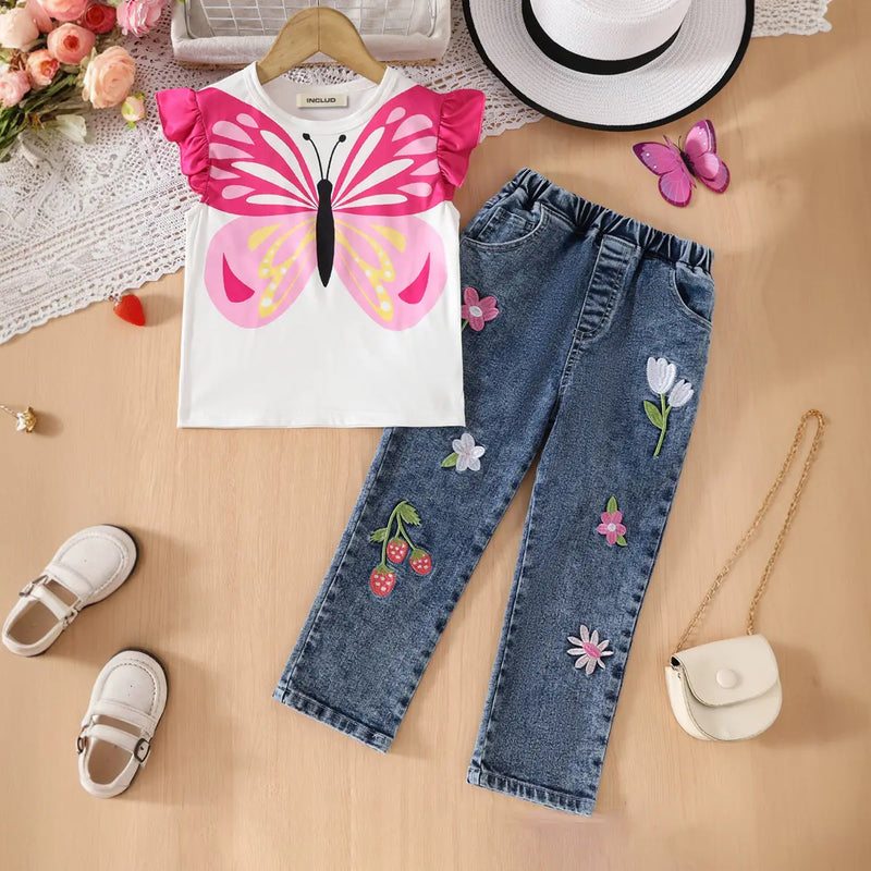 Girls White Butterfly Themed Top With Floral Embroidered Denim Pants Set Sets White 3-4 Y