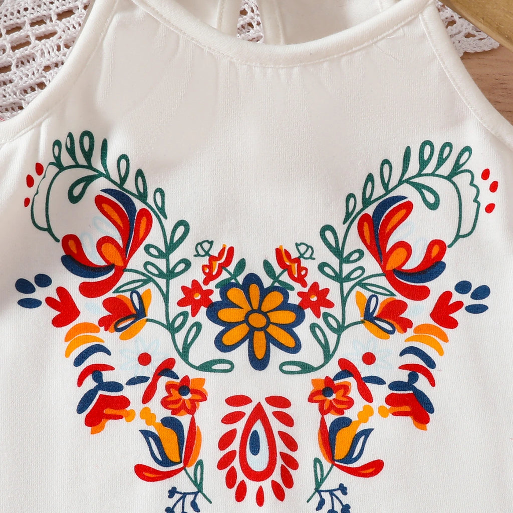 Girls White Floral Print Cold Shoulder Sleeves Top With Denim Skirts Set Sets