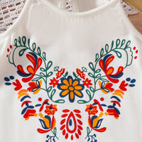 Girls White Floral Print Cold Shoulder Sleeves Top With Denim Skirts Set Sets