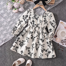 Girls Off White Floral Print Long Sleeve Fit & Flare Dress Casual Dresses