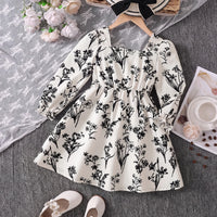 Girls Off White Floral Print Long Sleeve Fit & Flare Dress Casual Dresses