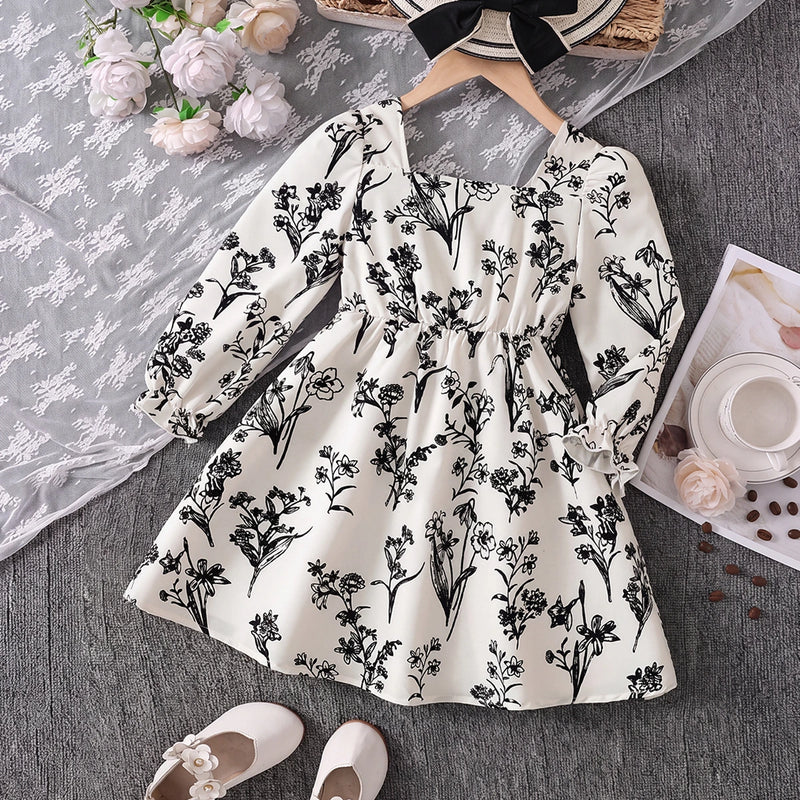 Girls Off White Floral Print Long Sleeve Fit & Flare Dress Casual Dresses