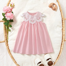 Girls Pink Floral Embroidered Sleeveless A-Line Dress Casual Dresses Pink 1-2 Y
