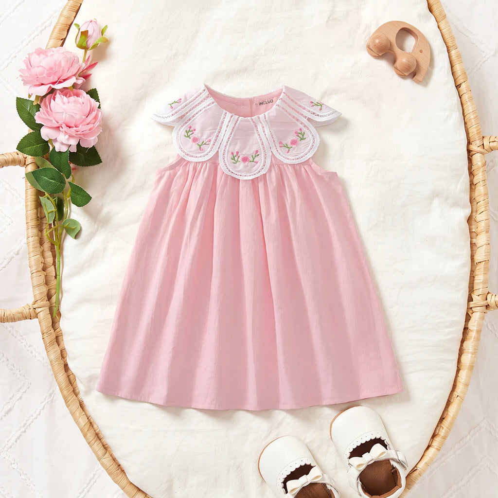 Girls Pink Floral Embroidered Sleeveless A-Line Dress Casual Dresses Pink 1-2 Y