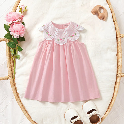 Girls Pink Floral Embroidered Sleeveless A-Line Dress Casual Dresses Pink 1-2 Y