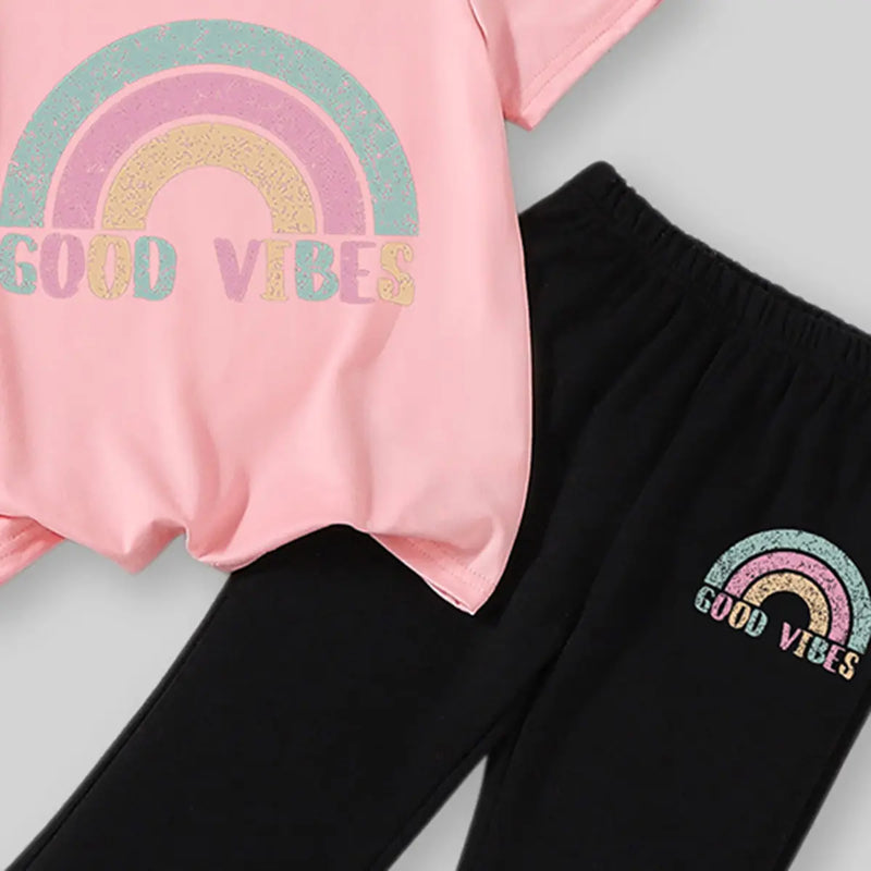 Girls Pink Rainbow Printed T-Shirt With Flared Pants Sets Sets