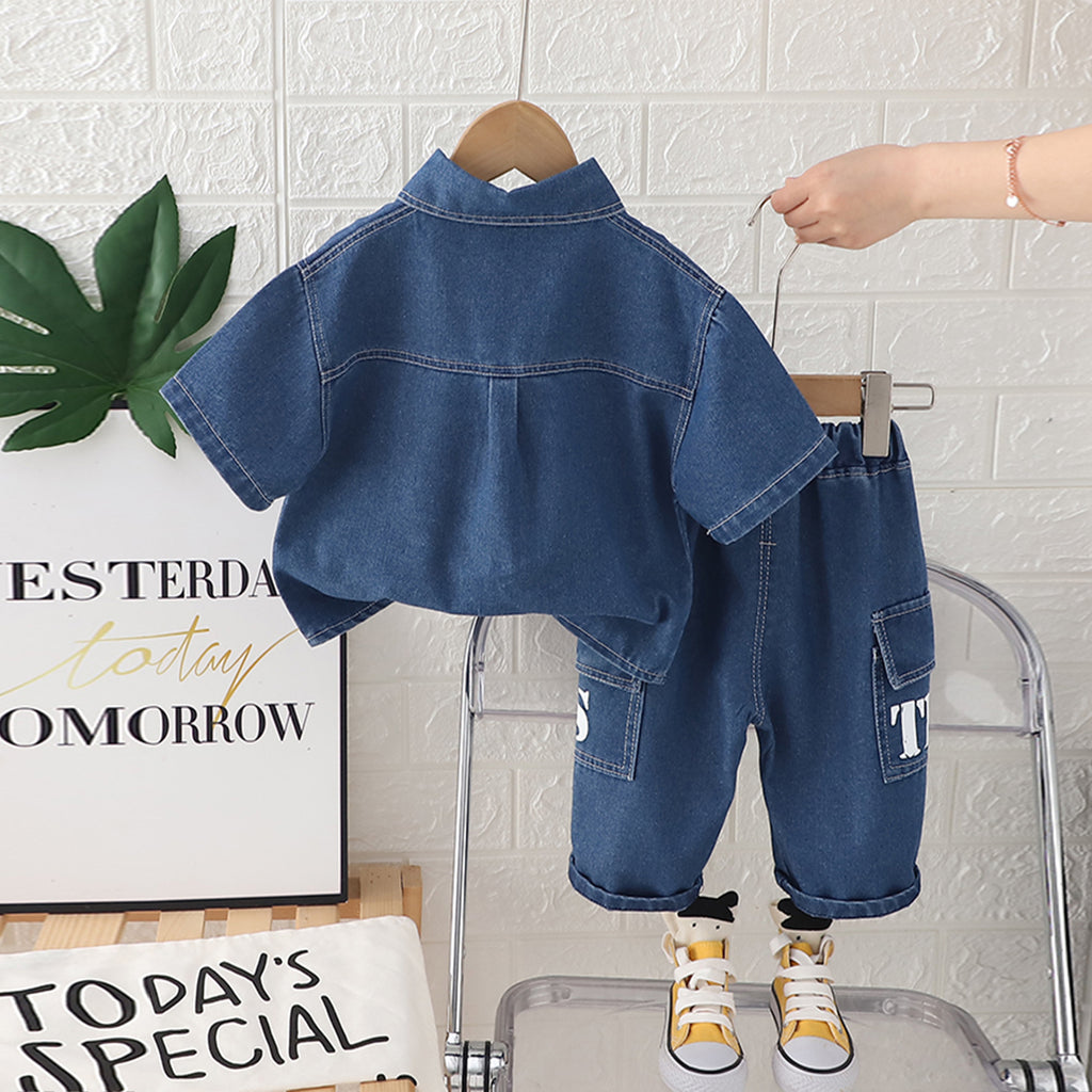 Boys Blue Denim Printed Short Sleeves Shirt With Cargo Pants Set 2 pc. Sets
