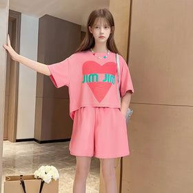 Girls Pink Heart Print Short Sleeves Top With Shorts Set Sets