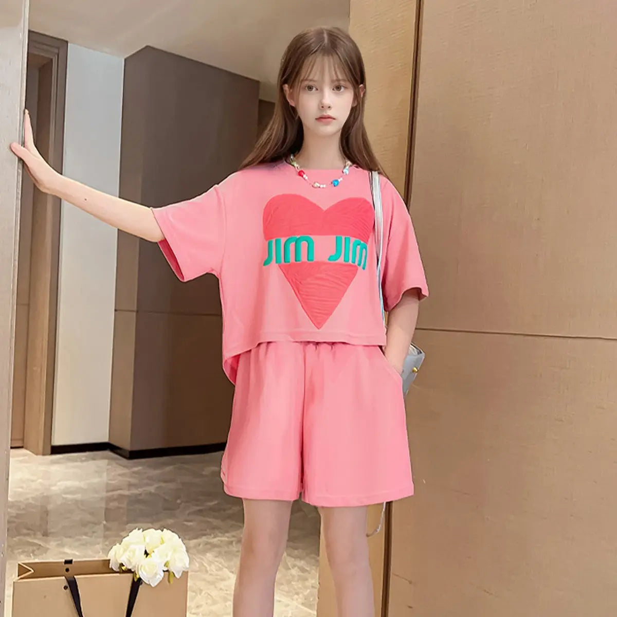 Girls Pink Heart Print Short Sleeves Top With Shorts Set Sets