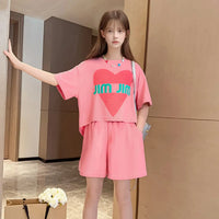 Girls Pink Heart Print Short Sleeves Top With Shorts Set Sets