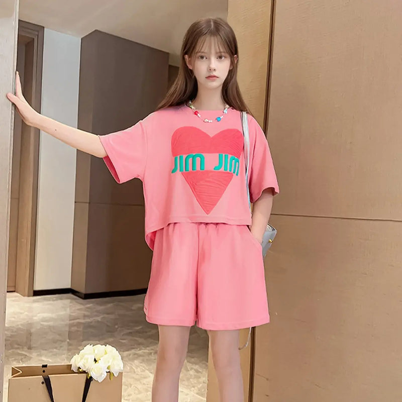 Girls Pink Heart Print Short Sleeves Top With Shorts Set Sets