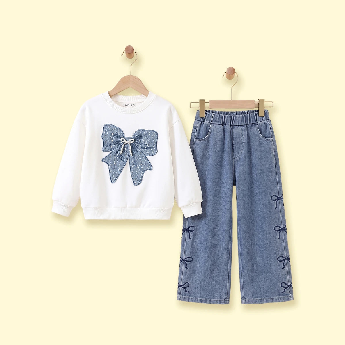 Girls White Bow Applique Long Sleeve Sweatshirt With Denim Pants Sets 2 pc. Sets White 3-4 Y