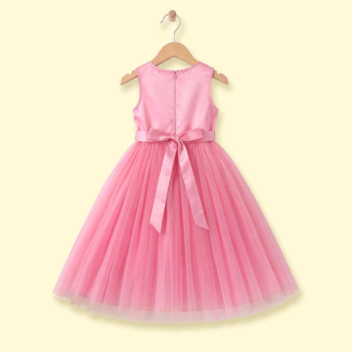 Girls pink sleeveless party gown with floral applique and tulle