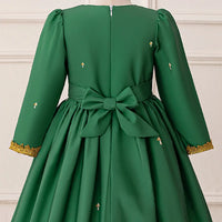 Girls Green Printed Fit & Flare Dress With Long Sleeves Casual Dresses