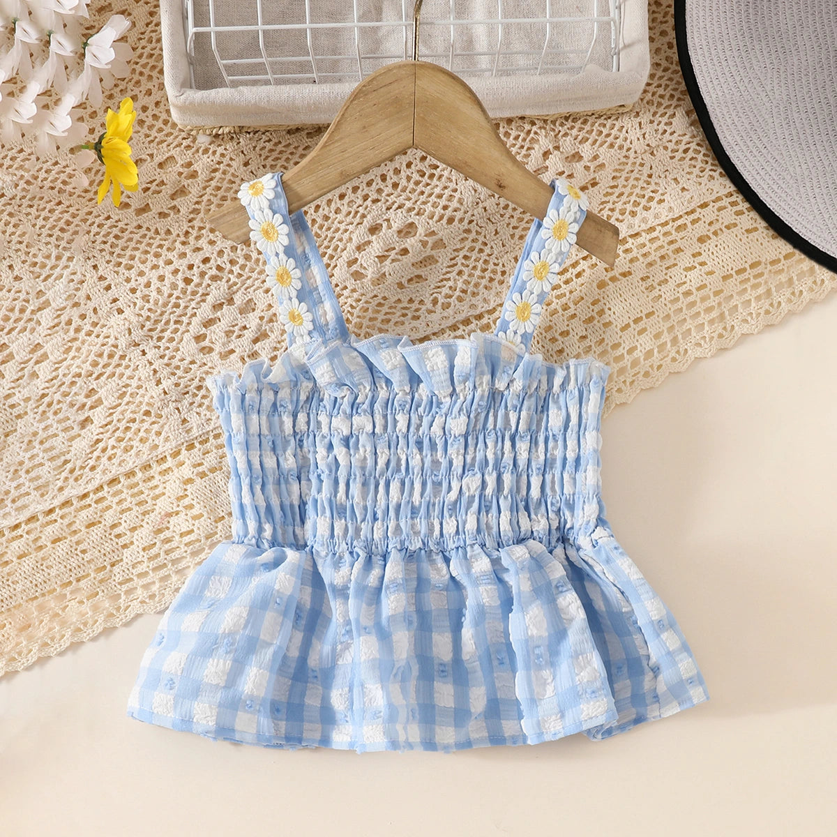 Girls Light Blue Checked Peplum Top With Distressed Denim Shorts Set Sets