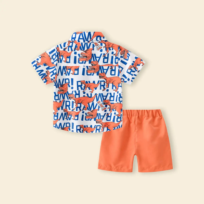 Boys Orange Dinosaur Print Short Sleeves Shirt With Shorts Set Sets