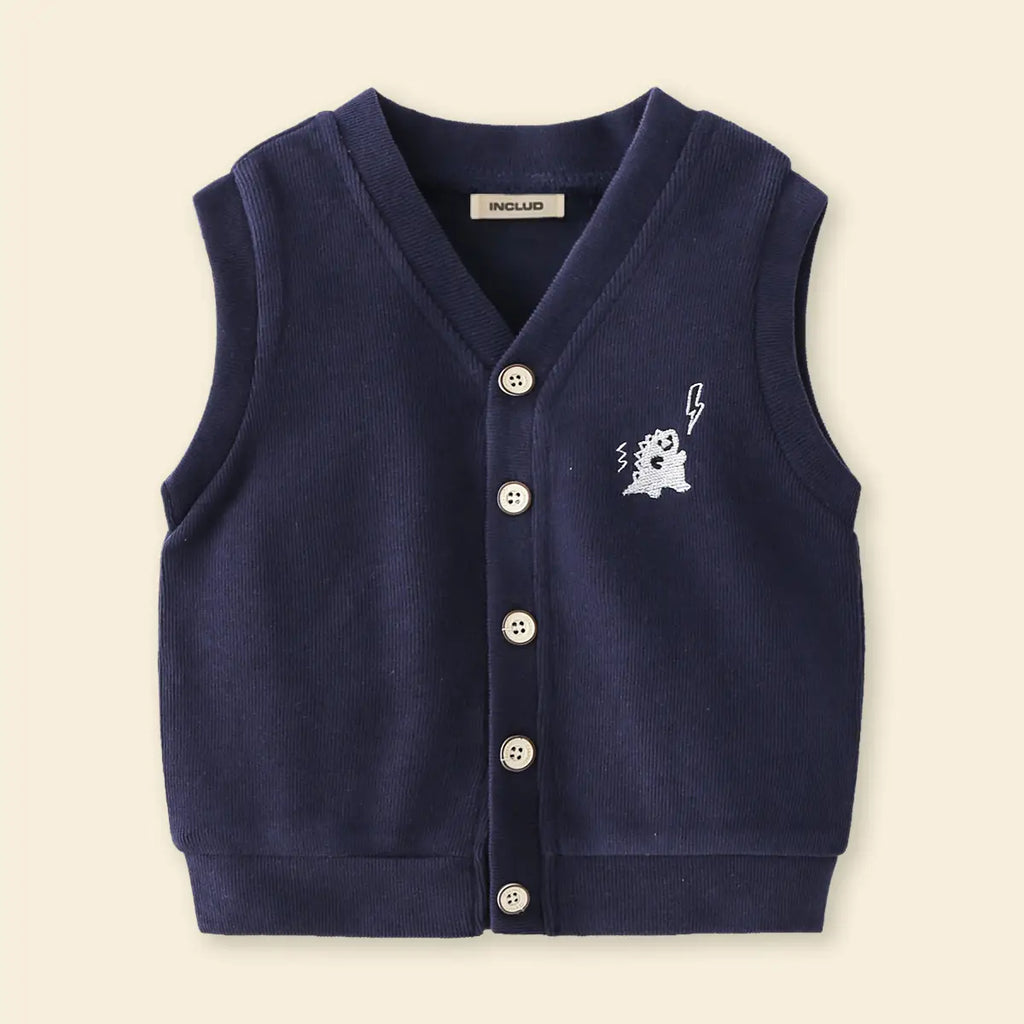 Boys Dark Blue Self-Design Sleeveless Knitted Cardigan Sweaters & Cardigans