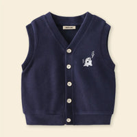 Boys Dark Blue Self-Design Sleeveless Knitted Cardigan Sweaters & Cardigans