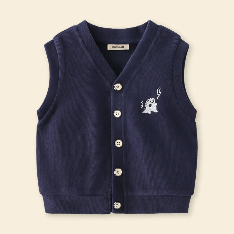 Boys Dark Blue Self-Design Sleeveless Knitted Cardigan Sweaters & Cardigans