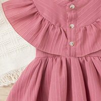 Girls Pink Self Stripes Layered Dress With Button Details Casual Dresses
